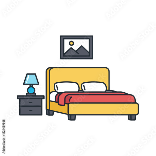 Colorful bedroom interior with yellow bed and blue lamp  