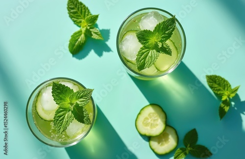 Wallpaper Mural Refreshing summer drink with cucumber, mint, ice. Top view drink glasses on turquoise background. Healthy vegan beverage. Summer vibes, cooling, freshness, cocktail, detox drink. Refreshing drink at Torontodigital.ca