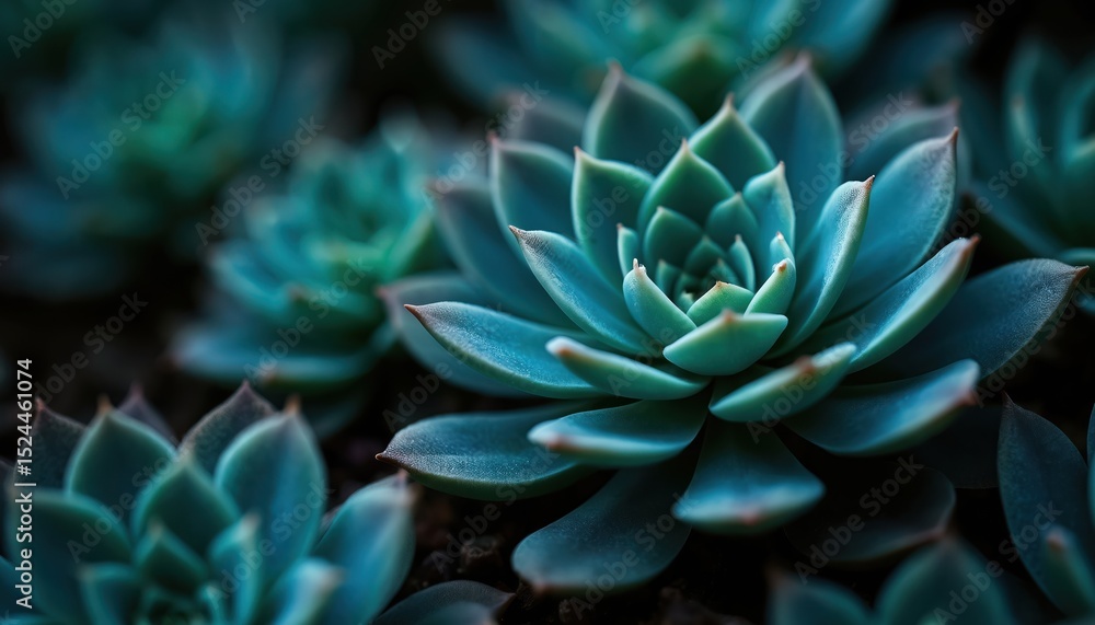 Fototapeta premium Close-up succulent plant with dark moody background. Nature wallpaper, botanical design. Green, turquoise leaves. Home decor, plant shop design, spa, yoga studio, meditation room decor.