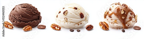 Photorealistic Ice Cream Trio with Caramel, Coffee, and Pecans – High-Resolution Gelato on White Background

