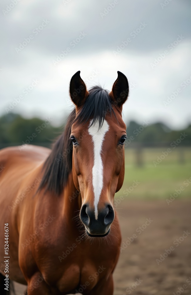 Fototapeta premium Elegant horse portrait shows brown animal with white stripe on face. Horse head close-up in outdoor. The animal has a dark mane and ears on a blurred background. Beautiful equine.