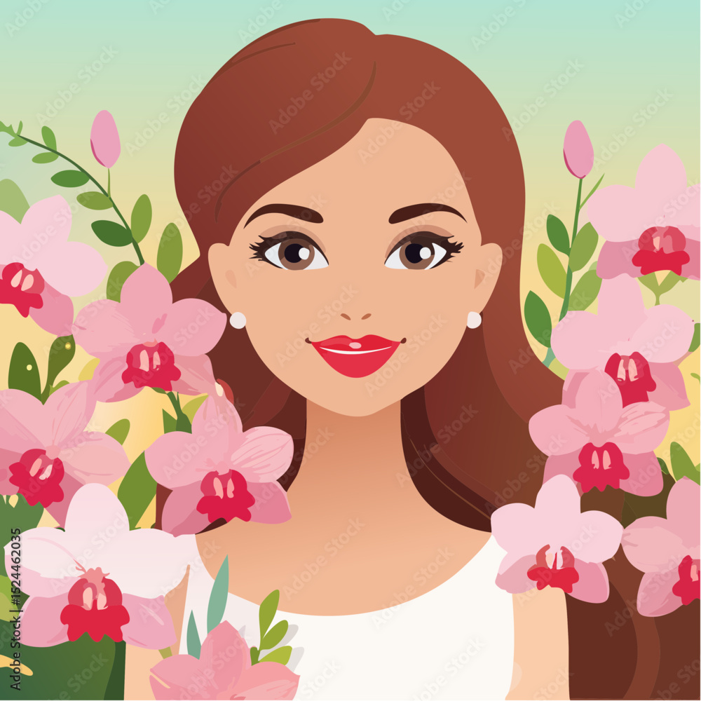 Beautiful Woman with Red Lips and Long Brown Hair Adorned with Pink Orchids Vector Illustration Beautiful Woman with Red Lips and Long Brown Hair Adorned with Pink Orchids Vector Illustration