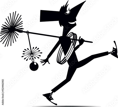 Cartoon chimney sweeper. 
Walking funny chimney sweeper in the top hat with a rope and chimney brushes. Black and white illustration
