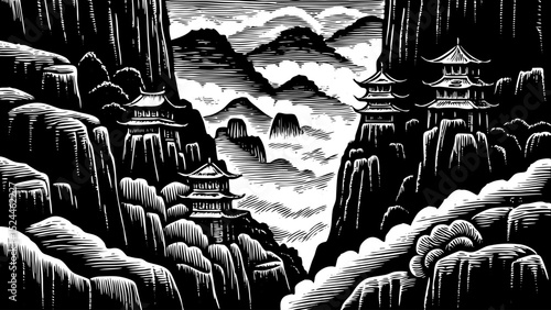 Black and white sketch vector of a foggy Chinese mountain landscape with steep cliffs and pagodas