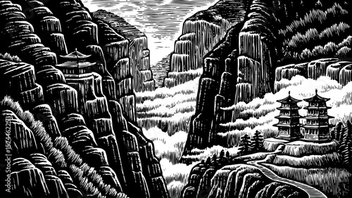 Black and white sketch vector of a foggy Chinese mountain landscape with steep cliffs and pagodas