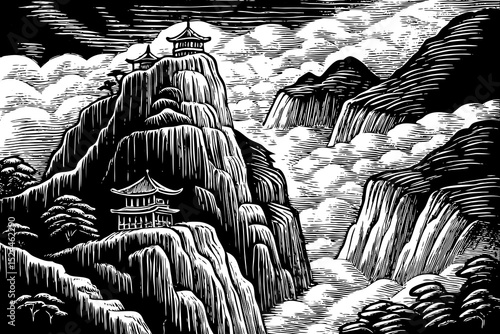 Black and white sketch vector of a foggy Chinese mountain landscape with steep cliffs and pagodas
