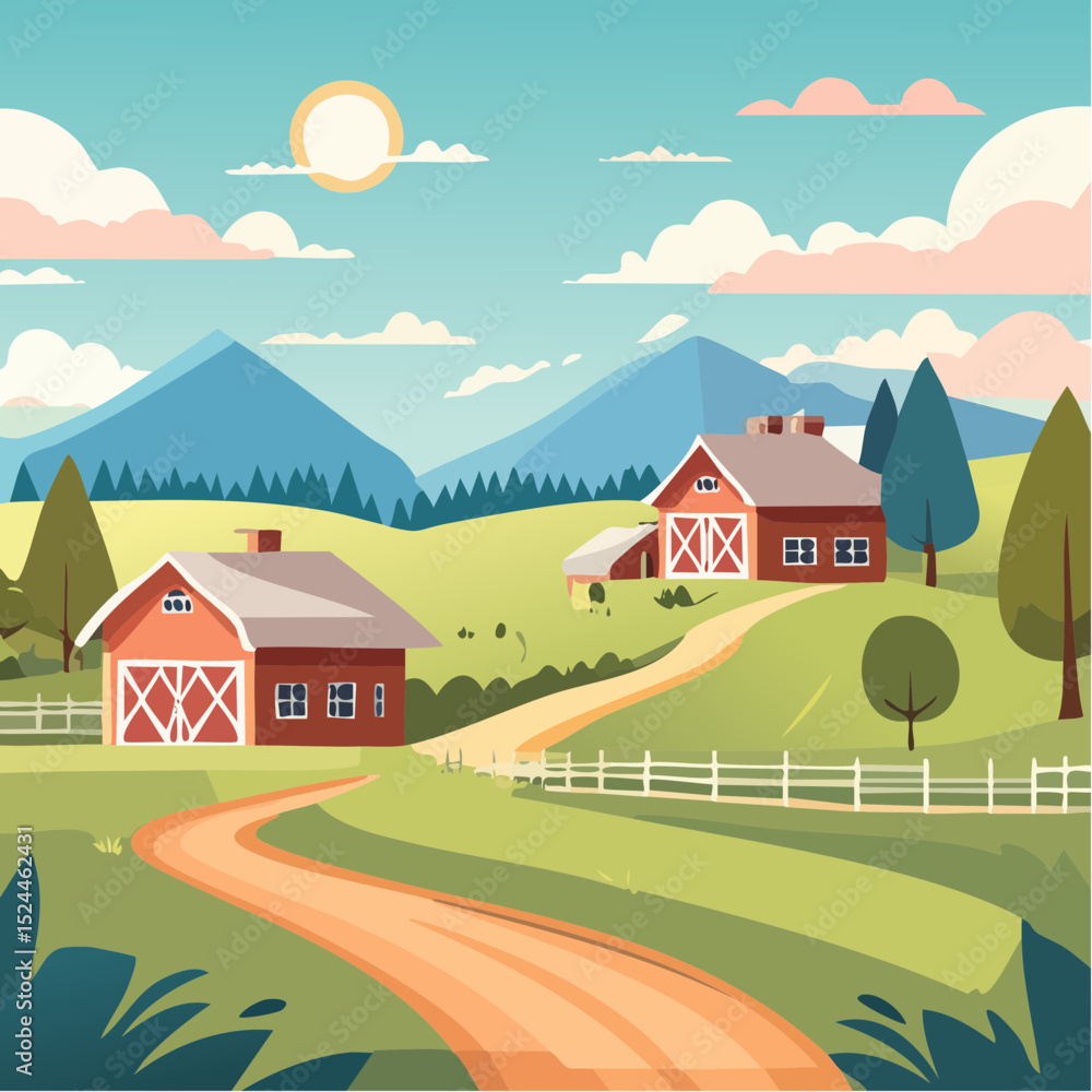 Serene Countryside Farm Scene Illustration Serene Countryside Farm Scene Illustration