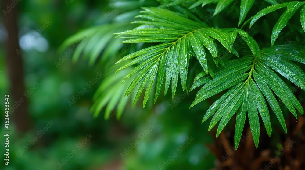A close-up of vibrant green palm leaves adorned with dew drops, capturing the essence of nature's beauty and freshness in a lush, tropical setting filled with greenery. A close-up of vibrant green palm leaves adorned with dew drops, capturing the essence of nature's beauty and freshness in a lush, tropical setting filled with greenery.