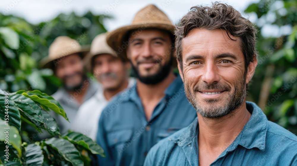 Fototapeta premium Portrait of confident coffee workers showcasing their pride and expertise amidst flourishing coffee plants, highlighting the rich agricultural heritage and community spirit of coffee farming.
