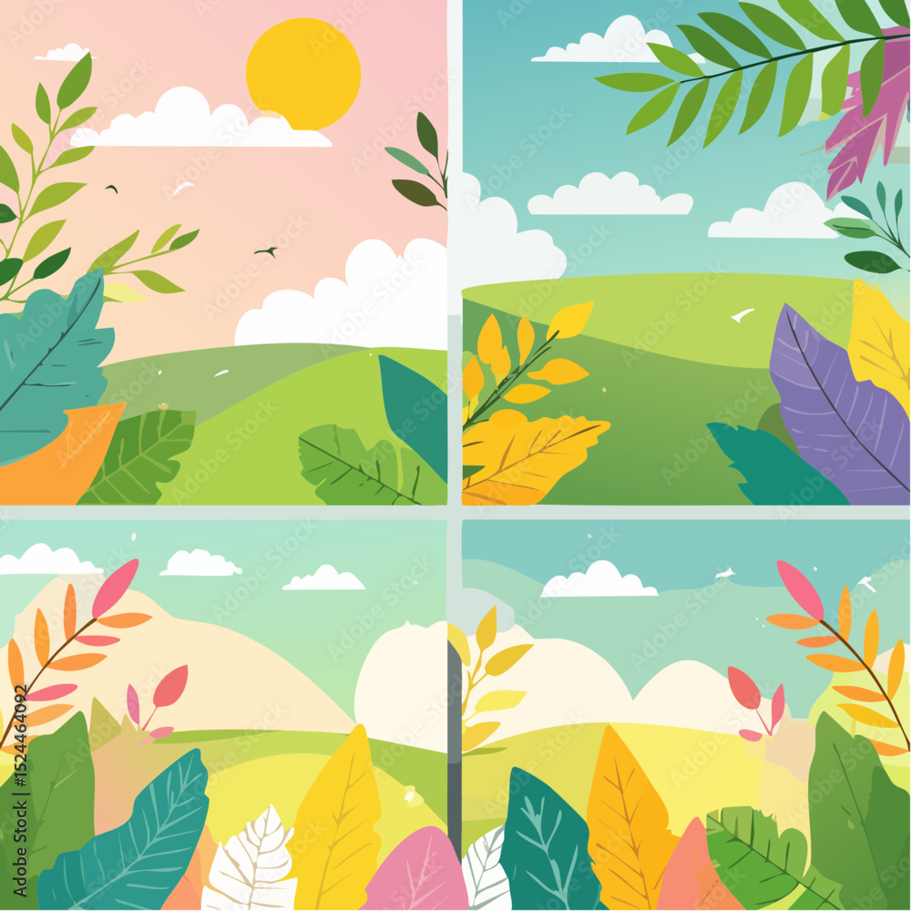 Background Poster Set for Spring Summer Botanical With Abstract Leaves, Flowers and Plants. Colourful Modern Minimalist Art Design Templates Background Poster Set for Spring Summer Botanical With Abstract Leaves, Flowers and Plants. Colourful Modern Minimalist Art Design Templates