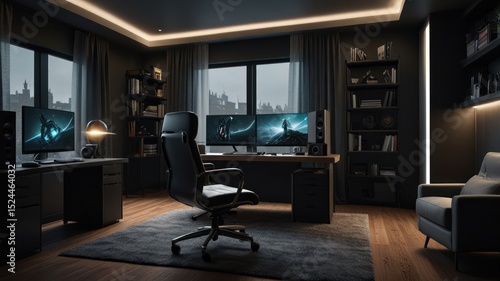 Wallpaper Mural Dark, modern home office with multiple monitors and dark furnishings Torontodigital.ca