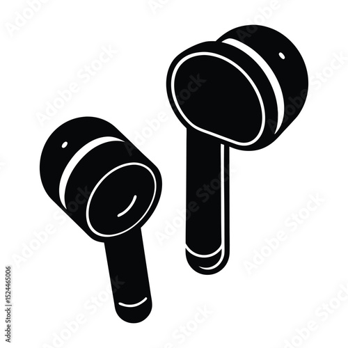 Wireless earbuds resting on a surface Silhouette Vector Illustration on White Background