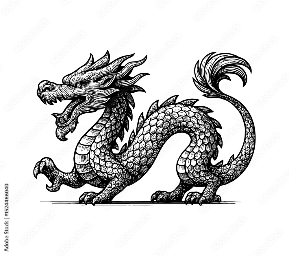 Obraz premium Fantasy Dragon Silhouette in Flight on Dark Background, Strong Mystical Animal Symbolism