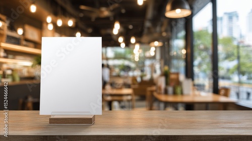 Wallpaper Mural A 4K photo of mock-up of a blank menu label frame on a bar restaurant table, acrylic tent card stand with white sheets, blurred cafeteria background. Torontodigital.ca