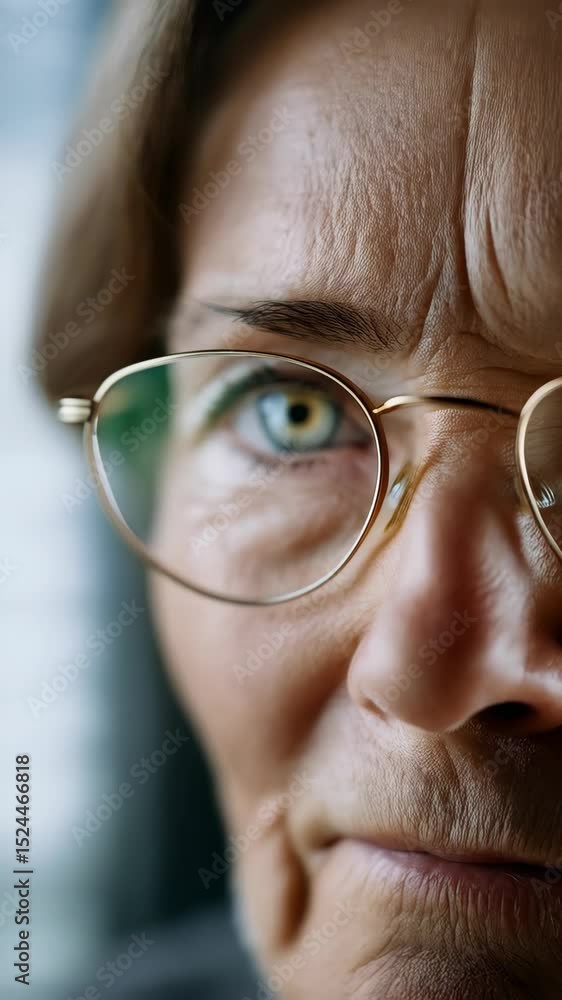 Macro of an elderly woman's face showing detailed skin texture, wrinkles, and a blue-green eye with gold framed glasses. Macro of an elderly woman's face showing detailed skin texture, wrinkles, and a blue-green eye with gold framed glasses.
