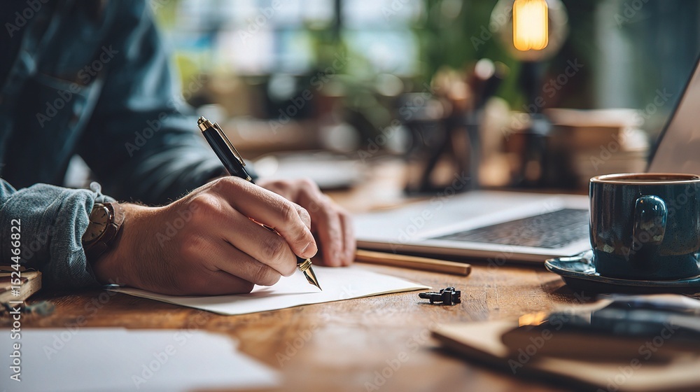 Fototapeta premium Creative Writer Preparing a Draft with Pen on Desk in Modern Space