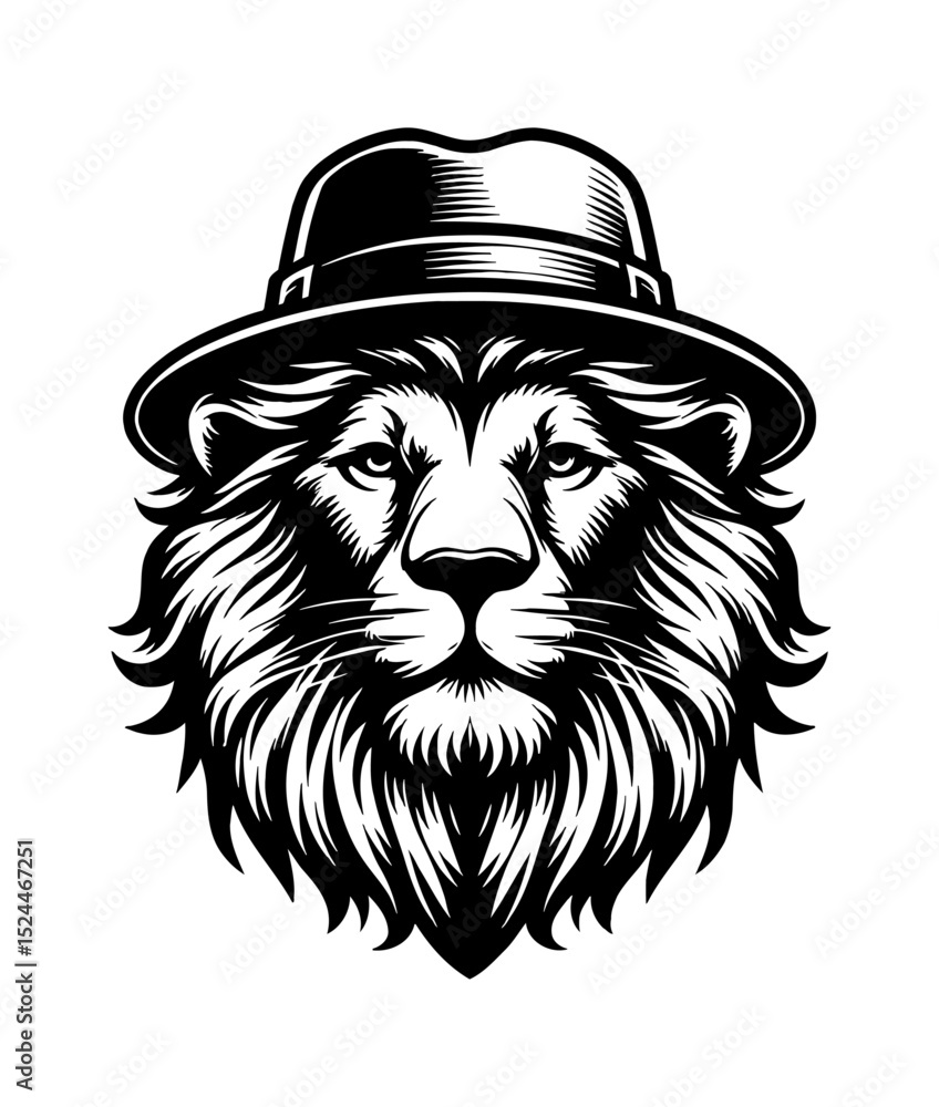 Obraz premium Cartoon Lion Head Wearing a Colorful Hat with Happy Expression, Cheerful and Playful Design