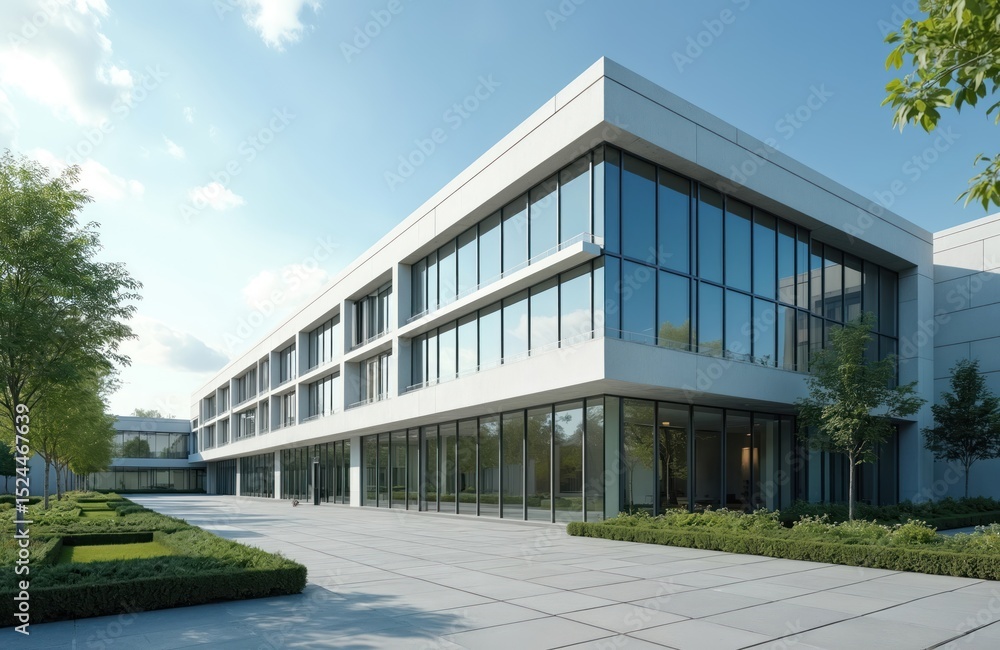 Obraz premium Modern hospital building exterior with glass windows. Minimalist architecture, modern design. Blue sky, green trees, public health institution. Healthcare facility, well-being, safety. Modern medical