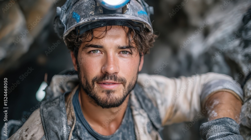 Obraz premium A determined young miner posing for a portrait in a rugged mining environment, showcasing strength, resilience, and dedication to the demanding profession of mining.