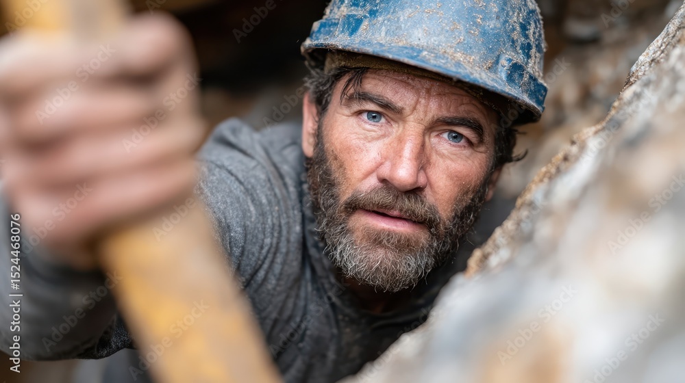 Focusing intently in a dark tunnel, a dedicated miner holds tight to his tools, symbolizing the strength, dedication, and bravery required for those in the mining industry. Focusing intently in a dark tunnel, a dedicated miner holds tight to his tools, symbolizing the strength, dedication, and bravery required for those in the mining industry.