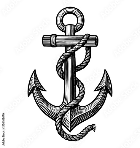 Black and white anchor illustration, simple minimalist design with solid fill on plain background