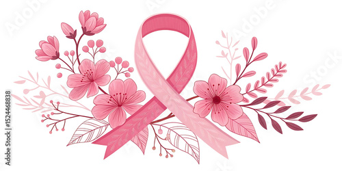 Breast Cancer Awareness Month banner, with pink ribbon and flowers elements background