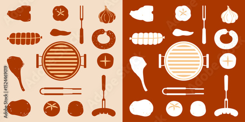 Flat vector barbecue pattern. Grilled meat, sausages, tongs, forks and grilling grid on beige and red background. Seamless minimal two tone design perfect for prints, food themes and backgrounds.