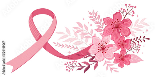 Breast Cancer Awareness Month banner, with pink ribbon and flowers elements background