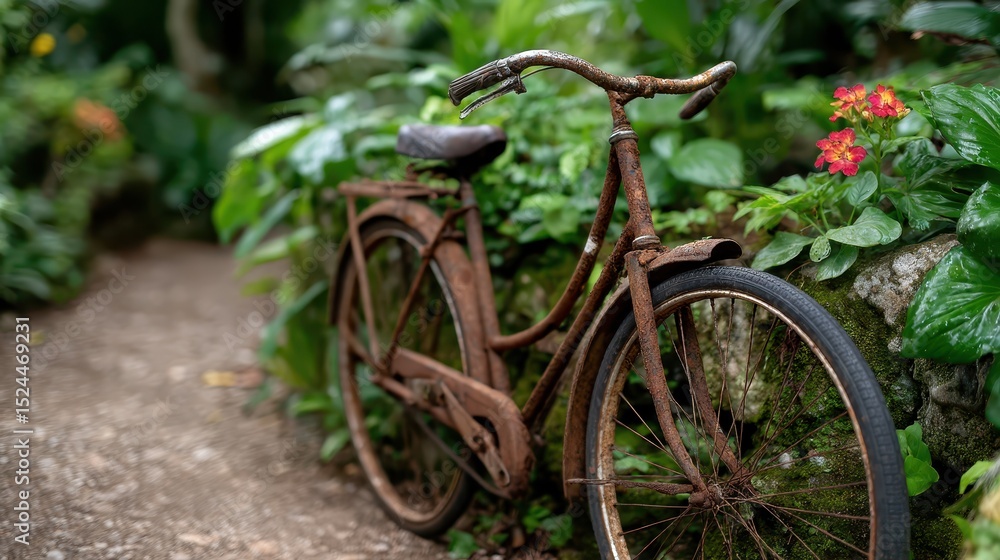 Fototapeta premium An aged bicycle partly hidden by lush greenery, framing a timeless scene that blends vintage charm with the verdant beauty of nature in a serene environment.