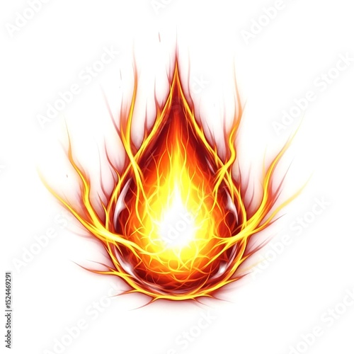 The central element is a fiery, glowing orb surrounded by intricate, swirling patterns of intense orange and red hues. The overall design conveys a sense of energy, passion, and raw power. 