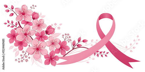 Breast Cancer Awareness Month banner, with pink ribbon and flowers elements background