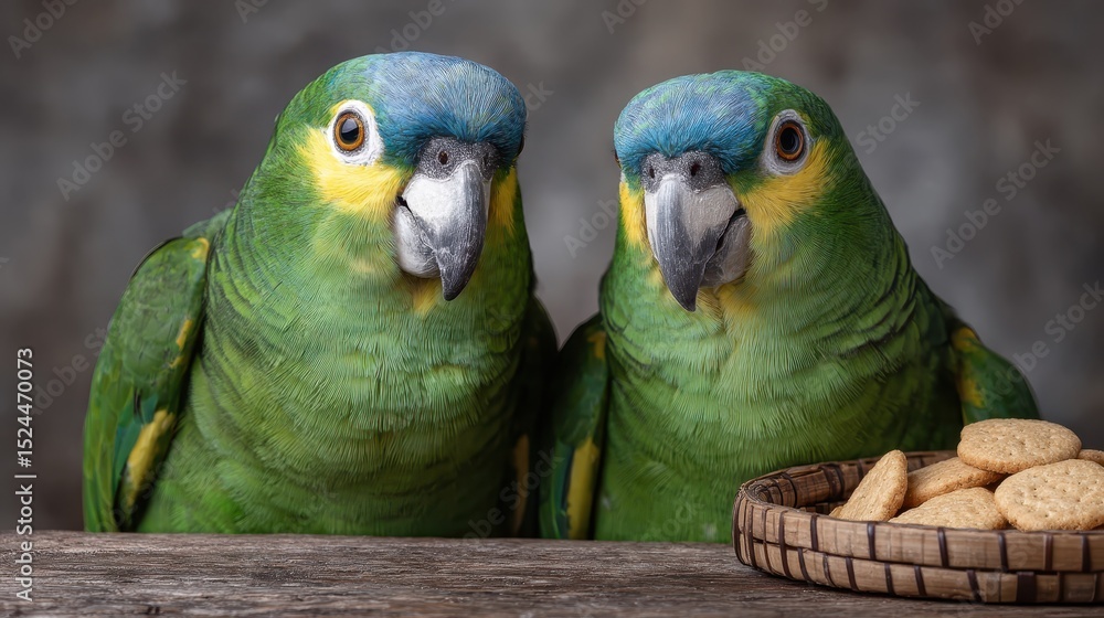 Obraz premium Two green parrots sit closely together on a rustic table, eyeing a plate of treats. Their vibrant plumage and inquisitive expressions highlight their playful bond in a friendly environment.