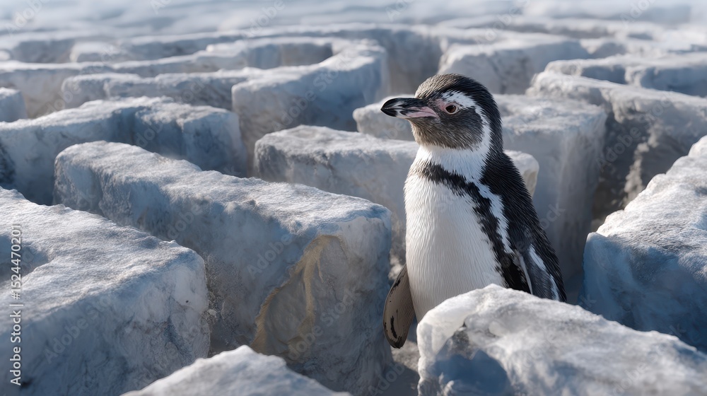 Obraz premium A remarkable penguin stands majestically among frost-covered blocks, capturing the essence of winter in a stunning and captivating icy environment.