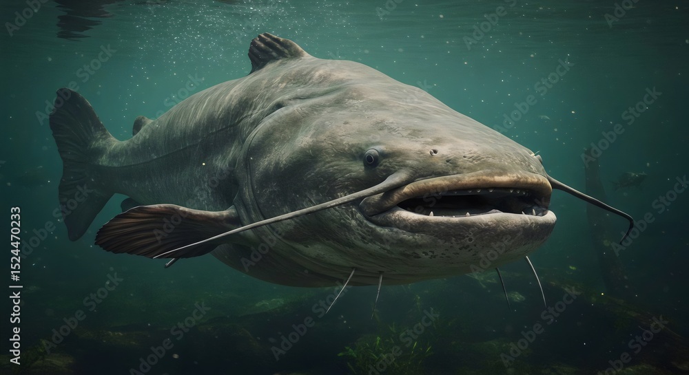 Naklejka premium Underwater Macro Masterpiece: Catfish Close-Up Revealing Whiskers, Scales, and Predatory Adaptations