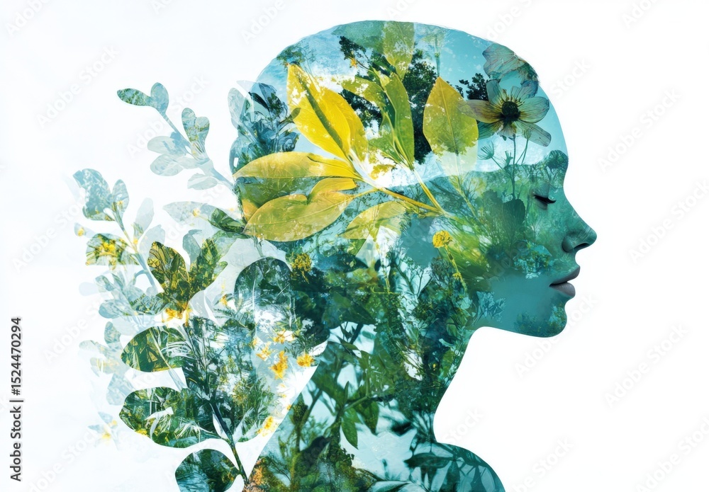 Fototapeta premium Double exposure woman profile and nature mental health earth day therapy anxiety awareness illustration