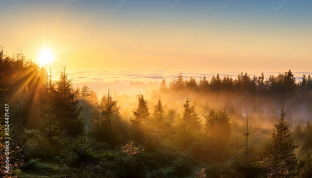 Fototapeta premium golden sunrise rays illuminate misty forest landscape