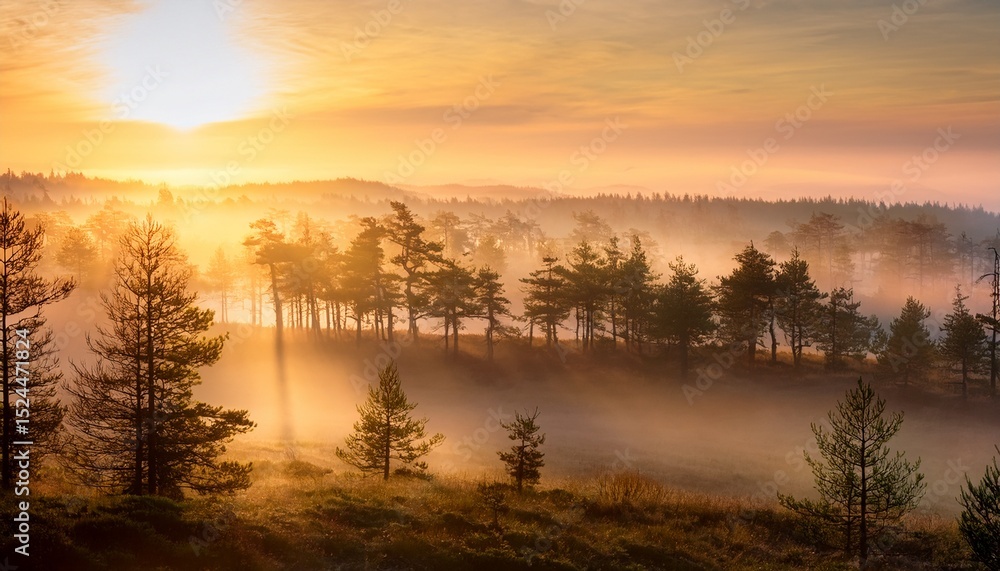 Fototapeta premium misty sunrise over a pine forest tranquil and scenic nature landscape