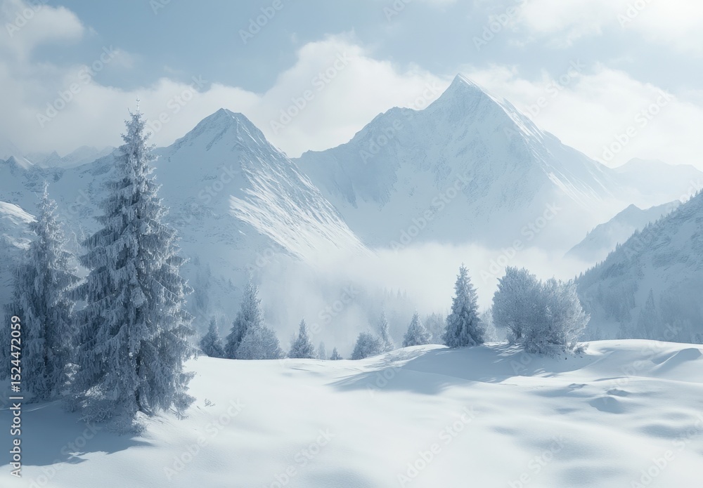 Fototapeta premium fresh snow and mountain landscape with firs background Christmas banner
