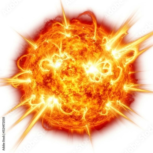 A digital illustration with vibrant, fiery aesthetics, showing a celestial body resembling the sun. The color palette is dominated by warm hues, transitioning from a bright yellow core to deep oranges