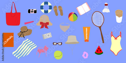 set of summer vacation on the beach. book, ball, hat, camera, tennis, chair.