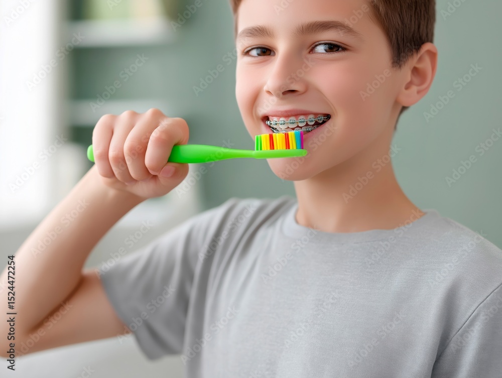 Young boy with dental braces smiling while brushing teeth with colorful toothbrush in bright bathroom, showcasing oral hygiene and healthy habits for children Young boy with dental braces smiling while brushing teeth with colorful toothbrush in bright bathroom, showcasing oral hygiene and healthy habits for children