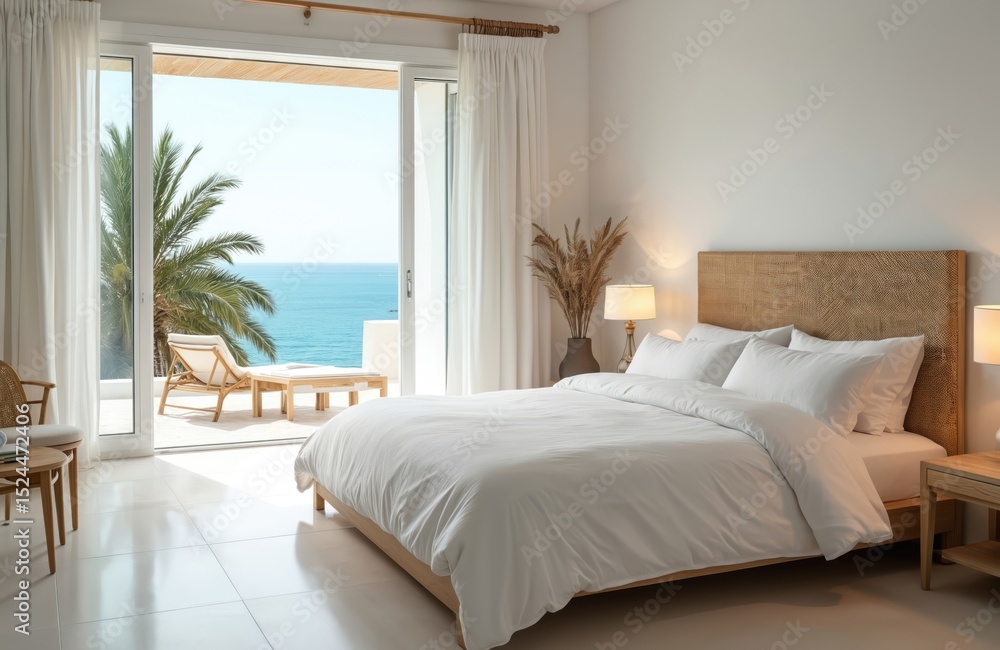 Fototapeta premium Bright mediterranean bedroom with sea view. Modern interior with white bed, terrace and large glass doors. Cozy vacation at seaside hotel home. Modernism. Interior design.