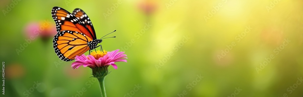 Orange butterfly on flower with green blurred nature background. Insect sits flower with copy space. Ecology concept, natural cover, springtime, summer bloom and freshness. Selective focus. Orange butterfly on flower with green blurred nature background. Insect sits flower with copy space. Ecology concept, natural cover, springtime, summer bloom and freshness. Selective focus.