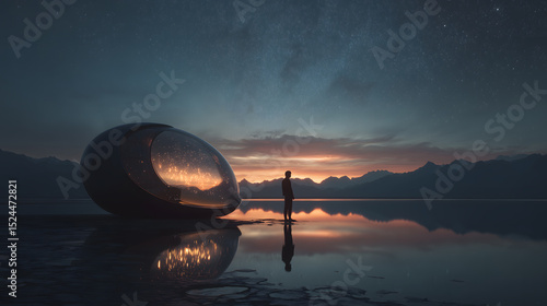 A man stands beside a glowing futuristic pod at a reflective lakeside under a starry sky, evoking wonder, isolation, and the search for connection in cosmic serenity.