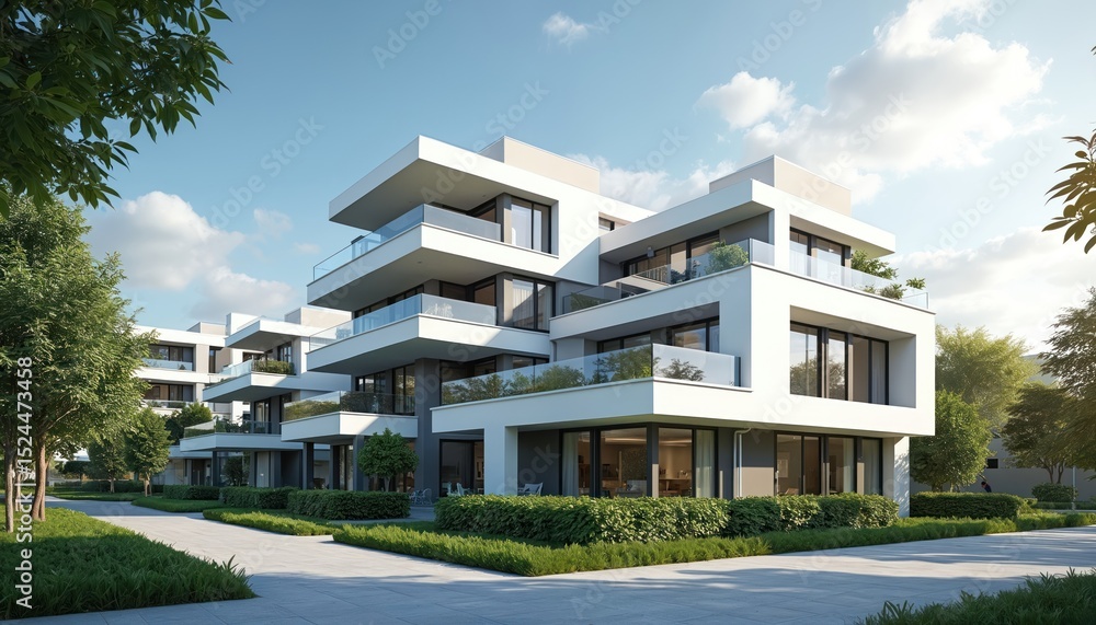 Fototapeta premium Modern residential buildings with sleek architecture. Contemporary design with balconies glass railings windows. Exterior facade, landscaping, blue sky. Real estate property, urban development