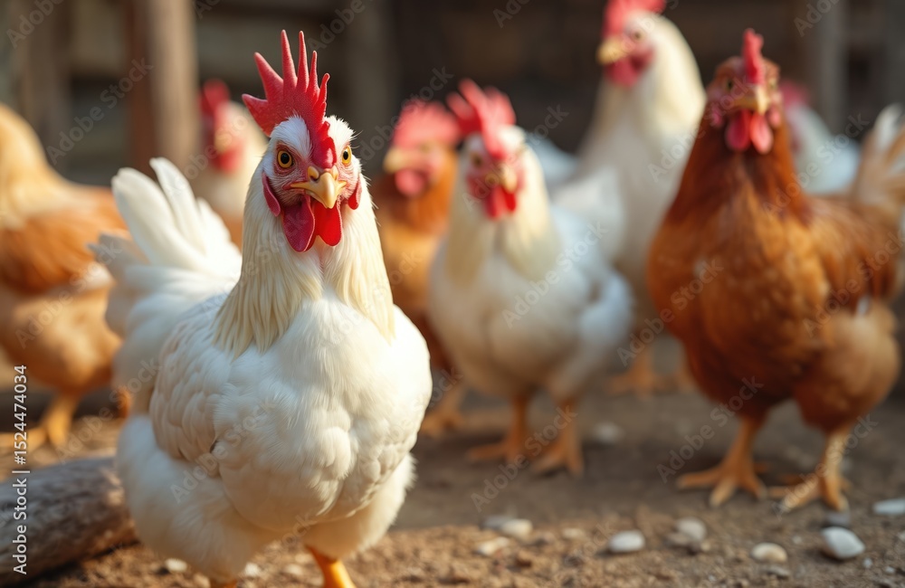 Fototapeta premium Group of healthy chickens in outdoor environment. White, brown, beige fowl birds. Farming, poultry, eggs, meat production, agriculture. Domestic animal lifestyle, breeding concept, food supply, rural