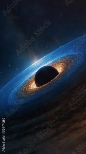 Lonely planet with massive rotating asteroid belt in endless space, shrouded in cosmic dust and mysteries.