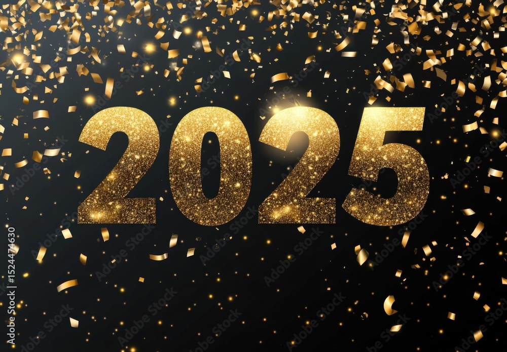 Happy New Year 2025 Golden glitter confetti and shiny golden numbers vector illustration on a transparent background Happy New Year 2025 Golden glitter confetti and shiny golden numbers vector illustration on a transparent background