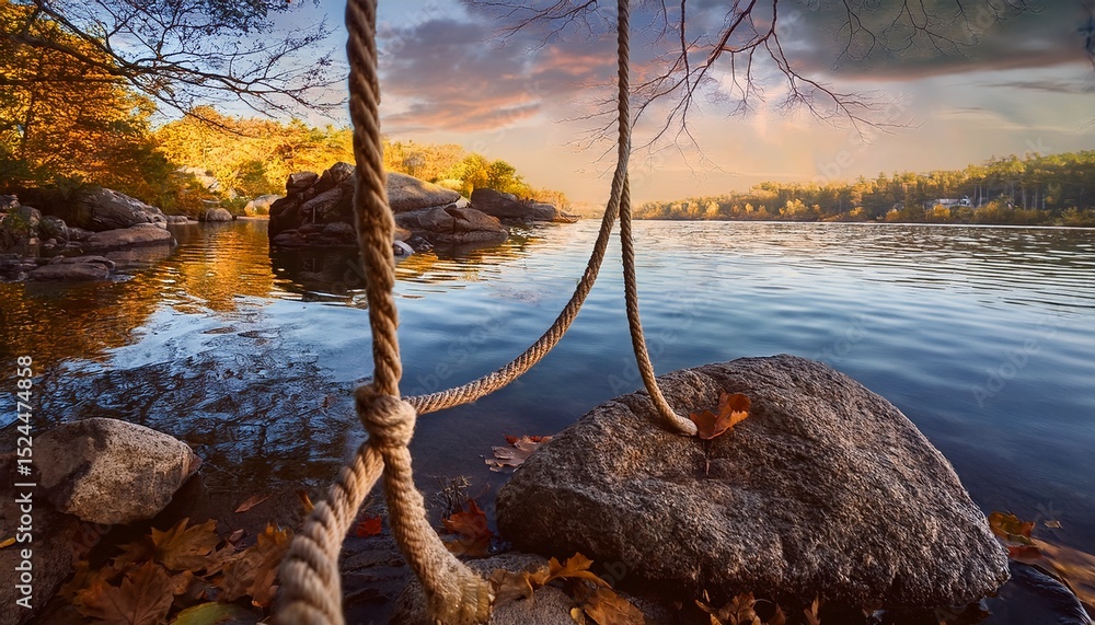 Fototapeta premium a rope hanging from a tree branch next to a body of water with a few leaves scattered on the rock below the background is blurred giving the image a dreamy ethe