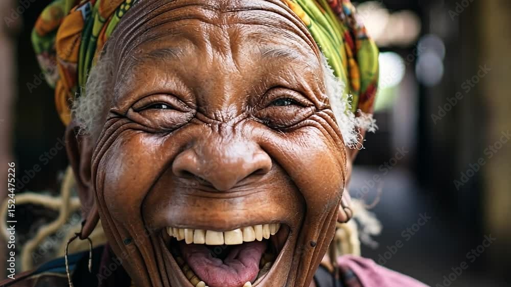 Joyful elderly woman with a vibrant head wrap, expressing happiness in a bright and colorful setting Joyful elderly woman with a vibrant head wrap, expressing happiness in a bright and colorful setting